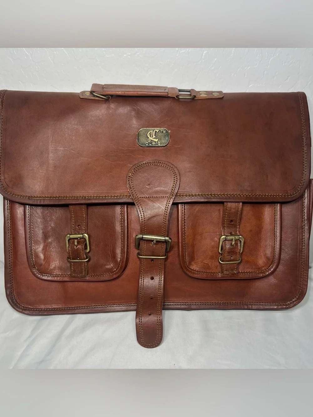 Cuero Genuine Leather Briefcase Messenger Laptop Bag Satchel Brown w/ Strap